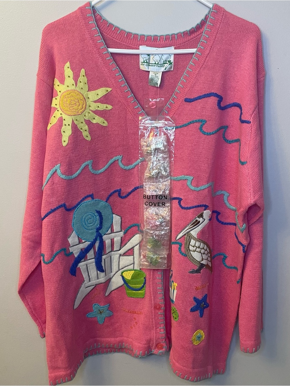 The Quacker Factory Novelty Embroidered Beach Pink Button Up Sweater NWT